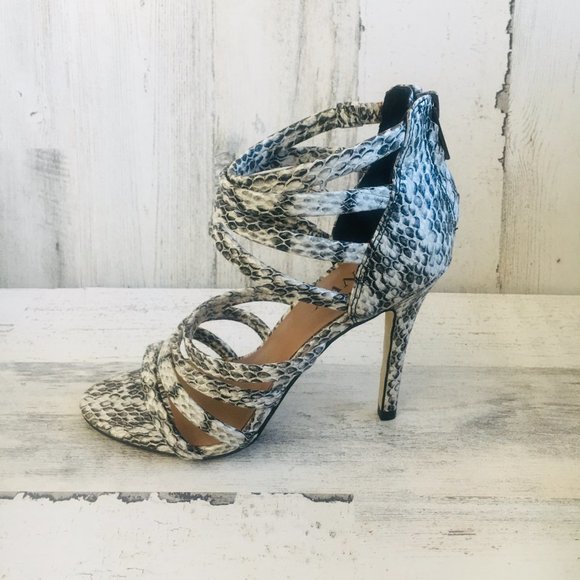 NEW RENVY Snake Print Leather Caged Heel Sandals - Picture 3 of 12